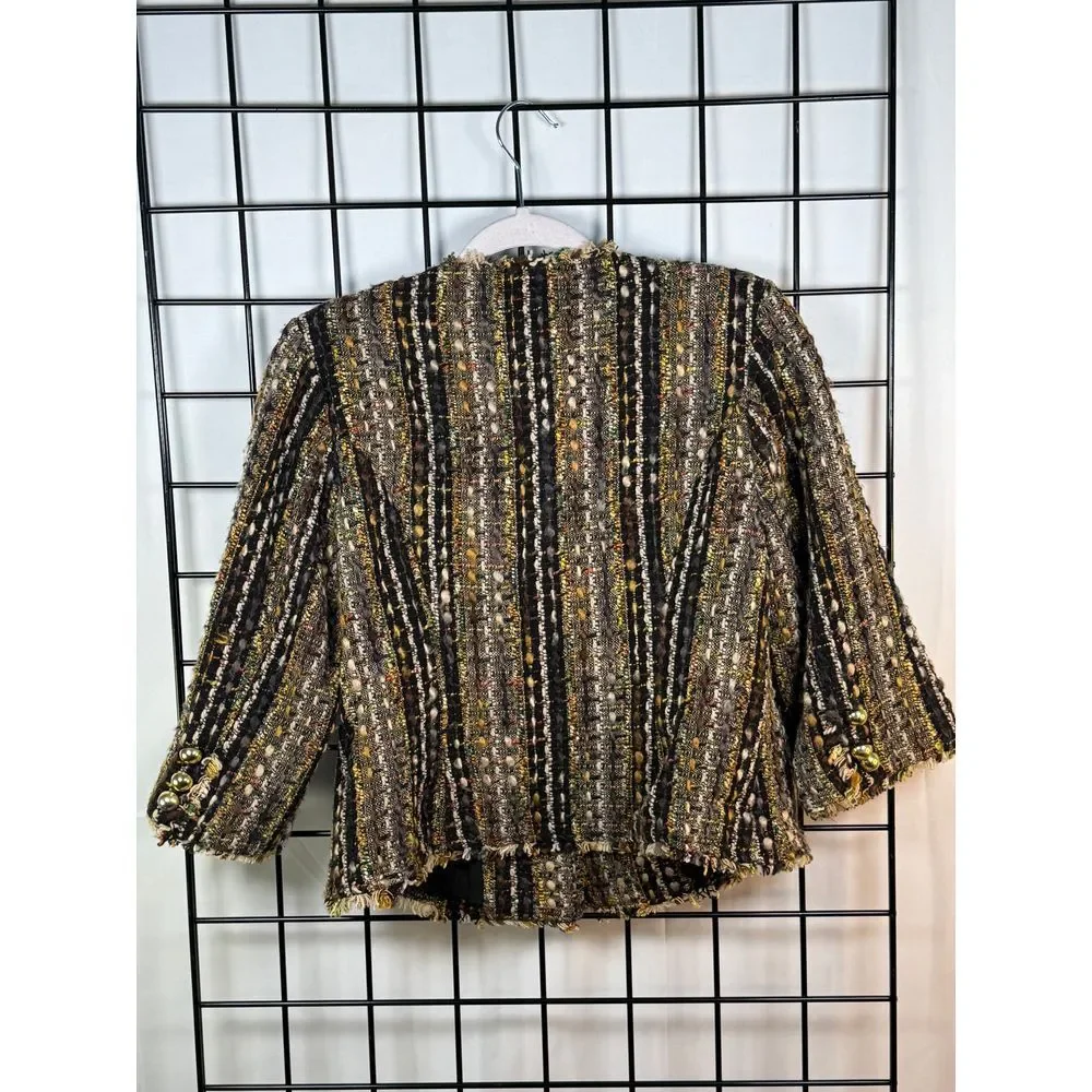 Cabi Paris Wool Blend Boucle Tweed Fringe Blazer Jacket Womens Brown S Boho‎